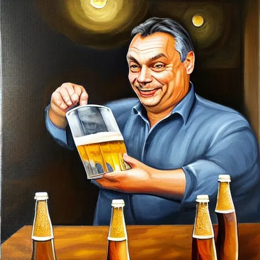 Prompt: viktor orban brewing beer in his kitchen, oil painting