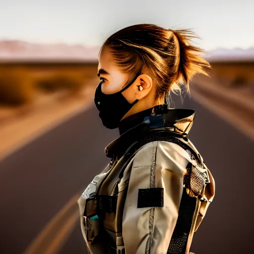 Image similar to photograph of a techwear woman, closeup, on a desert road with a futuristic city in the horizon, sigma 85mm f/1.4, 4k, depth of field, high resolution, 4k, 8k, hd, full color