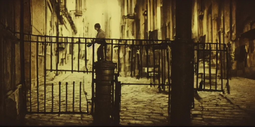 Prompt: detailed medium format photo, polaroid still from an old french movie, sleazy man trying to vault a fence, streets at night, haze, high production value, intricate details, 8 k resolution, hyperrealistic, hdr, photorealistic, high definition, tehnicolor, award - winning photography, masterpiece, amazing colors