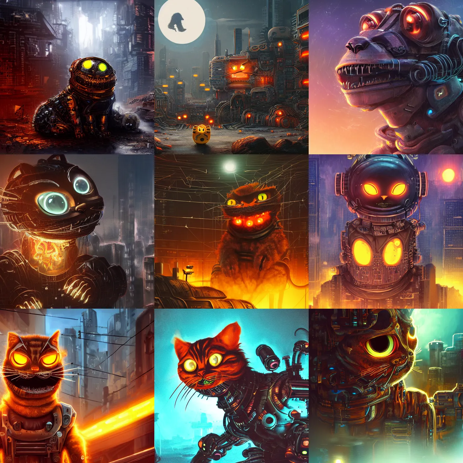 Prompt: a cybernetic mechanical garfield cat, glowing eyes, sharp teeth, pouncing, apocalyptic dark ruins in the background, cyberpunk, highly detailed, digital art, trending on artstation, concept art, sharp focus, 8 k