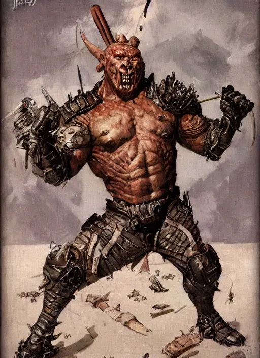 Image similar to 5 0 s pulp scifi fantasy illustration full body portrait martyn ford as hugw armoured troll by norman rockwell, roberto ferri, daniel gerhartz, edd cartier, jack kirby, howard v brown, ruan jia, tom lovell, frank r paul, jacob collins, dean cornwell, astounding stories, amazing, fantasy, other worlds