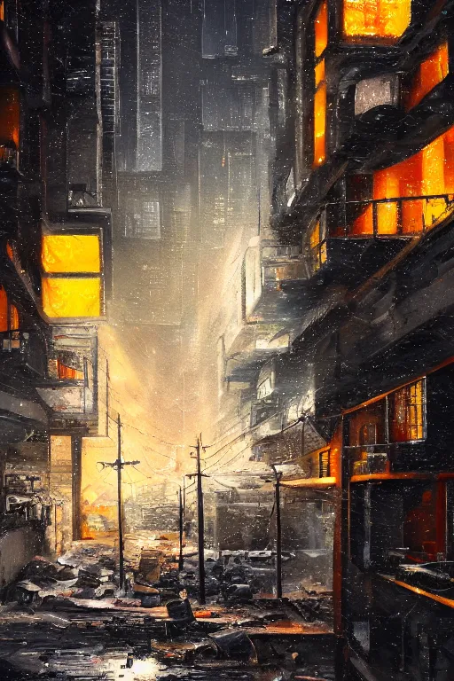 Image similar to a cyberpunk city snowy night landscape with a pile of rubble with a corner wall with a window and the light shining through. dark contrast oil painting