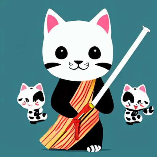 Image similar to kids drawning of a cute kitten with panda body and cat face, in a kimono, holds a sword, by a six years old 4 k