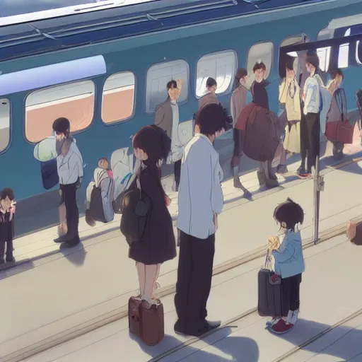 Image similar to A family saying goodbye to their children at a busy plane train station, by Dice Tsutsumi, Makoto Shinkai,