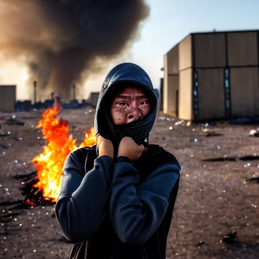 Image similar to photographic portrait of a poor techwear woman holding back tears, a futuristic shanty town burns in the background, closeup, sigma 85mm f/1.4, 4k, depth of field, high resolution, 4k, 8k, hd, full color