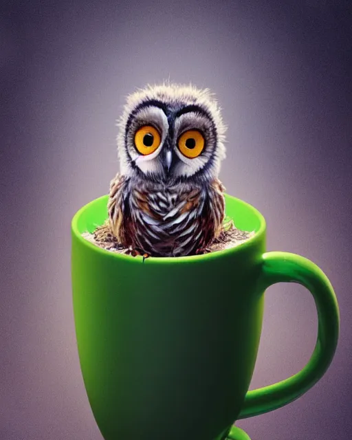 Image similar to long shot of a very cute owl chick nesting in a futuristic mug, esao andrews, humorous illustration, hyperrealistic, big depth of field, warm colors, night scenery, low light, 3 d octane render, 4 k, concept art, hyperdetailed, hyperrealistic, trending on artstation