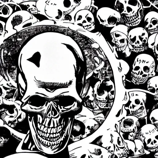 Image similar to A laughing skull. Center, Close Up Shot, Dark Fantasy, Film Noir, Black and White. High Contrast, Mike Mignola, D&D, OSR