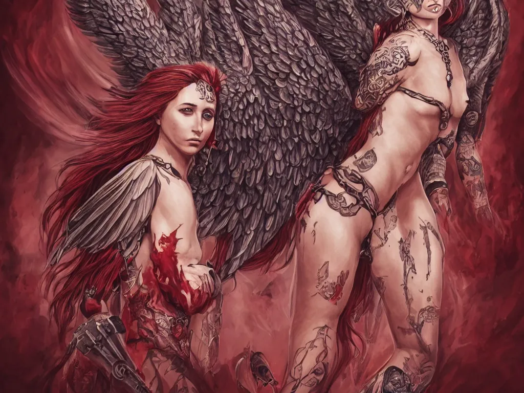 Prompt: a whole body D&D style illustration of a warrior angel woman influencer with angel wings wide opened , covered by religious and satanic tattoos, defiant expression , wavy red hair, big cheekbones, cloud ominous day background, floral tattoos, intricate, elegant, highly detailed, digital painting, artstation, concept art, smooth, sharp focus, high fantasy illustration, art by artgerm and Peter Andrew Jones