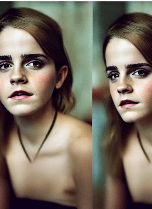 Prompt: Portrait Photograph of Emma Watson Cinestill 800T, 1/2 pro mist filter, and 65mm 1.5x anamorphic lens