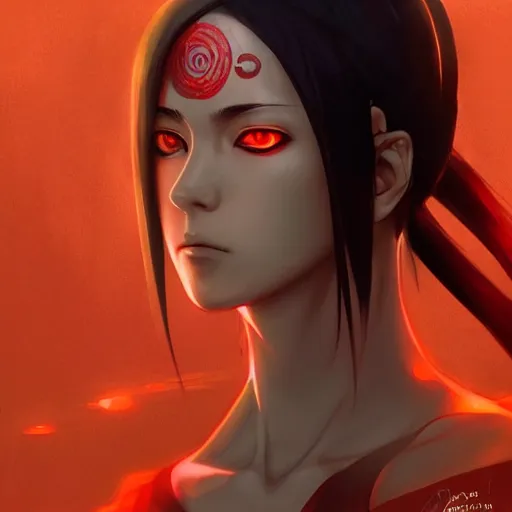 Image similar to itachi uchiha, red glowing eyes, intricate, elegant, highly detailed, portrait, digital painting, artstation, concept art, smooth, sharp focus, illustration, art by artgerm and greg rutkowski and alphonse mucha