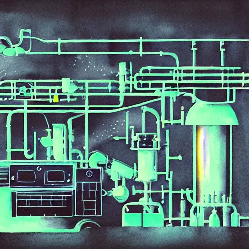 Image similar to HPLC manufacturing plant ambient atmospheric, complex conveyor-roller-belt system colored matte black, cinematic, surreal, neon chalk watercolor palettes, Pixar cartoon, awesome art