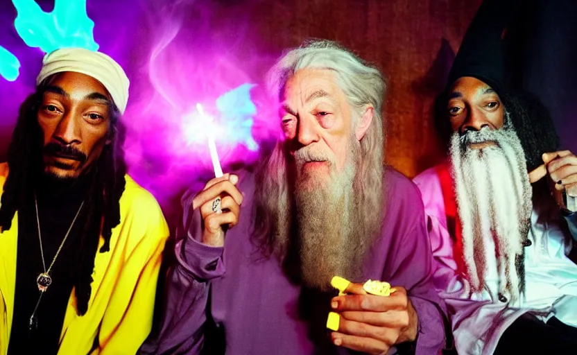 Prompt: a smartphone picture of stoned gandalf and snoop dogg smoking a joint sitting on a couch in a neon night club,