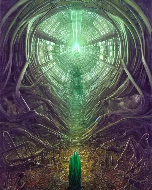 Image similar to a quantum computer, geometric crystal wiring, emerald circuits, highly advanced technology surrounded by a dark cabal of multiple hooded elven mystics in long dark robes gathered in a circular formation, dan seagrave art, michael whelan, artstation, cgsociety