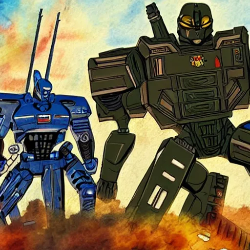 Image similar to GI Joe and Transformers mixed into a dream storybook illustration