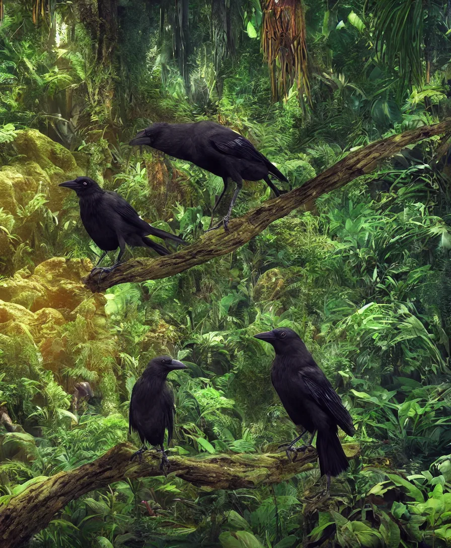 Prompt: beautiful small robotic Crow with in the deep Jungle, epic, cinematic view, 8k, ultra realistic, vibrant colors, photo realism, trending artstation, octane render
