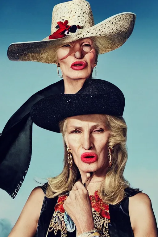 Image similar to dolce & gabbana campaign featuring donald trump as a cowgirl, long eyeslashes, huge juicy lips, big seductive eyes, unprocessed colors, # nofilter, shot by annie leibovitz, realistic vfx simulation