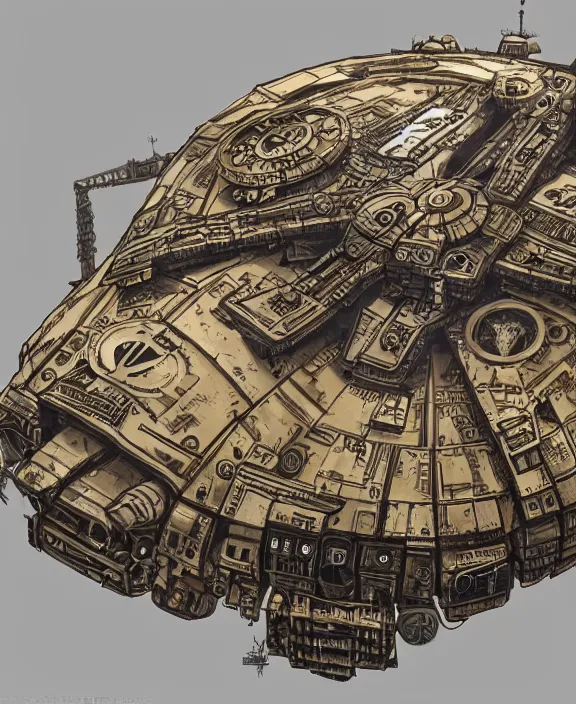 Image similar to a steampunk dieselpunk millennium falcon, intricate, elegant, highly detailed, colorful, vivid color, artstation