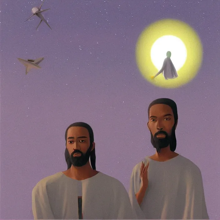 Image similar to UFO hovering over an African Jesus ,painting by Hsiao-Ron Cheng,