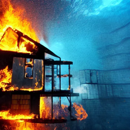 Image similar to a house burning underwater, with a humanoid robot, 8 k resolution, colorful, mariana trench