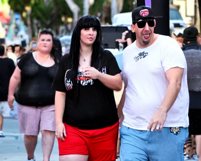 Image similar to fat gamer adam sandler wearing gamer shorts and a goth gf walking in hollywood. espn coverage