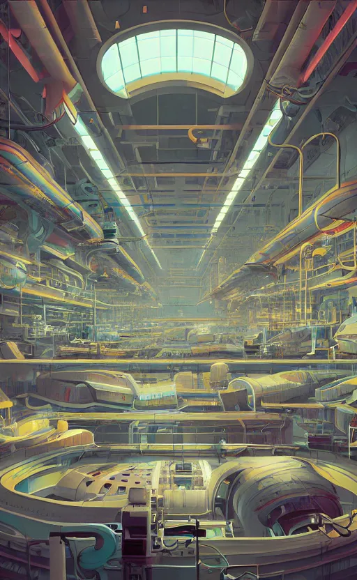Prompt: Interior shot of a futuristic factory by Petros Afshar and Beeple, James Gilleard, Mark Ryden, Wolfgang Lettl highly detailed