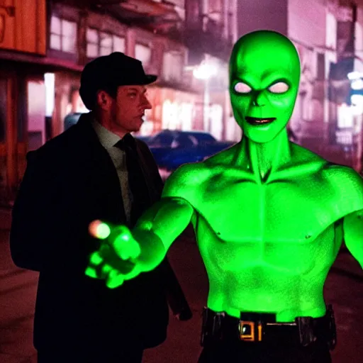 Prompt: Private Investigator finds glowing green-skinned alien in dimly lit alley. 1960s hard-boiled detective film