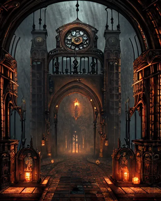 Image similar to steam necropolis, memento mori, gothic, neo - gothic, art nouveau, hyperdetailed copper patina medieval icon, stefan morrell, philippe druillet, ralph mcquarrie, concept art, steampunk, unreal engine, detailed intricate environment, octane render, moody atmospherics, volumetric lighting, ultrasharp, ominous, otherworldly