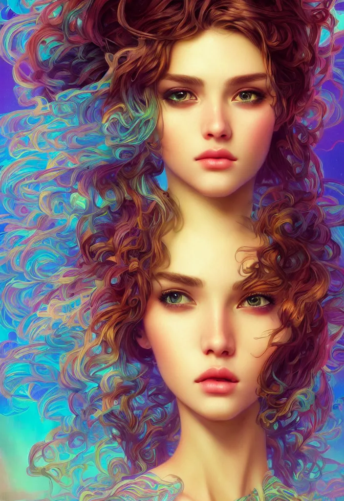 Image similar to beautiful, young woman, detailed gorgeous face, vaporwave aesthetic, synthwave, colorful, psychedelic, artstation, concept art, smooth, extremely sharp detail, finely tuned detail, ultra high definition, 8 k, unreal engine 5, ultra sharp focus, illustration, art by artgerm, greg rutkowski and alphonse mucha