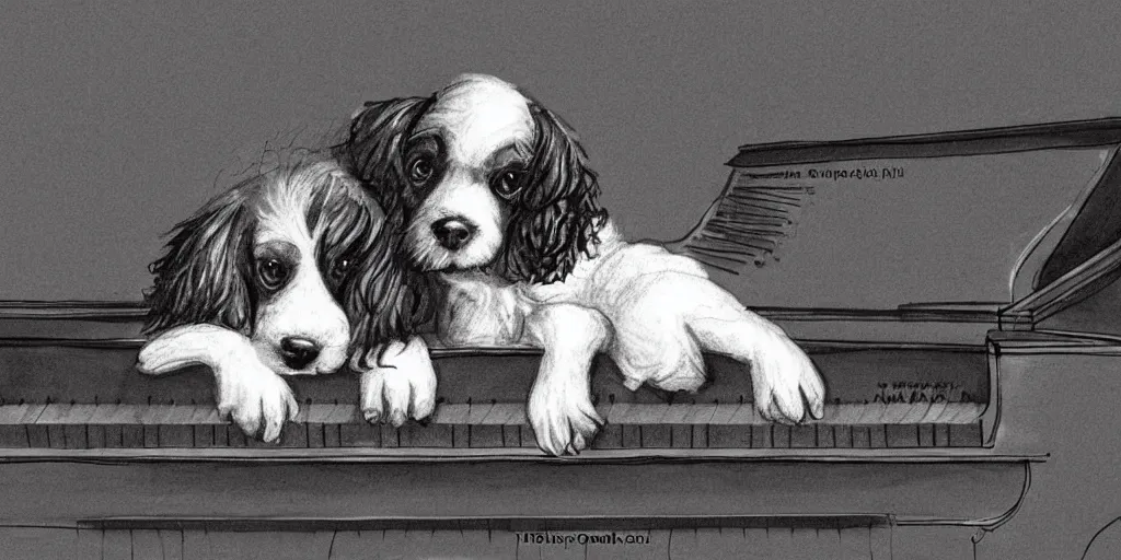 Image similar to cute a brown and white Spaniel playing a grand piano, illustration, b&w, fantasy