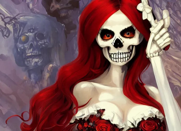 Image similar to cute & beautiful smug smiling mexican undead skeleton girl with red hair dressed as a bride, elegant, digital art, fantasy, pixar style, painting, pin up, highly detailed, artstation, art by artgerm, vrubel, boris vallejo and ilya kuvshinov