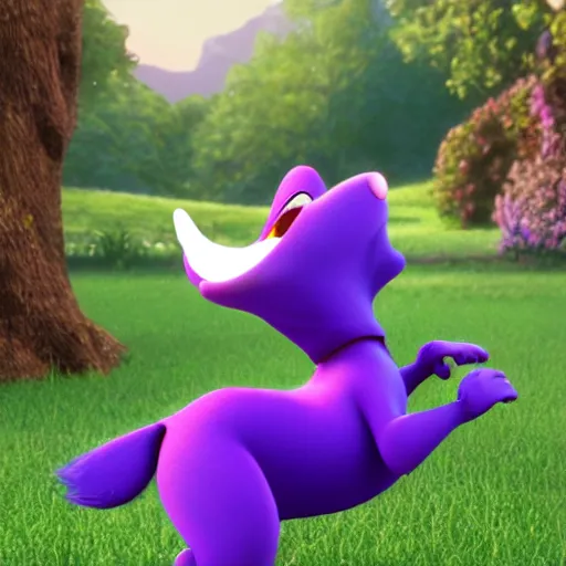 Image similar to a beautiful 3d render of a purple dog in a disney movie, in the style of disney, pixar, the dog is doing a ballet dance, highly detailed, 8k resolution