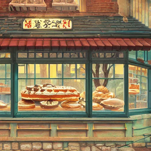 Image similar to concept art painting of a historic bakery with european and japanese architecture, window with baked goods, in a woodland village surrounded by trees and mountains, realistic, detailed, cel shaded, in the style of makoto shinkai and greg rutkowski and james gurney