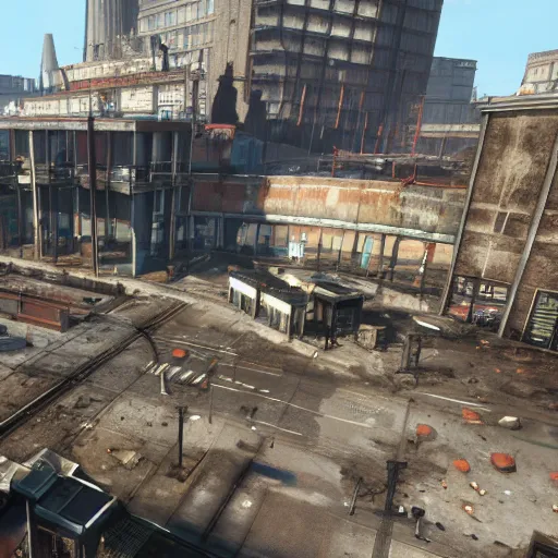 Prompt: Rotterdam Centraal Station in ruins post-nuclear war in Fallout 4, in game screenshot