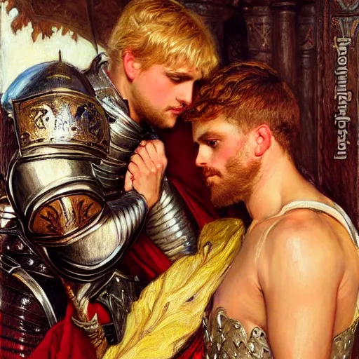 Image similar to attractive fully clothed arthur pendragon confesses his love for his attractive fully clothed male knight. highly detailed painting by gaston bussiere and j. c. leyendecker 8 k