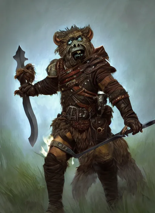 Image similar to photorealistic bugbear ranger holding sword on fire, magic, black beard, dungeons and dragons, pathfinder, roleplaying game art, hunters gear, jeweled ornate leather and steel armour, concept art, character design on white background, by sargent, norman rockwell, makoto shinkai, kim jung giu, artstation trending, poster art, colours red