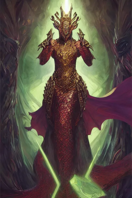 Prompt: masterpiece digital painting of a queen reptilian, dragon centered, gold obsidian armor, chaotic ruby inlays, large cape, by kev walker and greg rutkowski and mucha, green sparkles, artstation, deviantart, cinematic lights