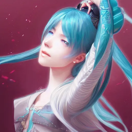 Image similar to portrait of hatsune miku, d & d, fantasy, intricate, elegant, highly detailed, digital painting, artstation, concept art, smooth, sharp focus, illustration, art by artgerm and greg rutkowski and alphonse mucha