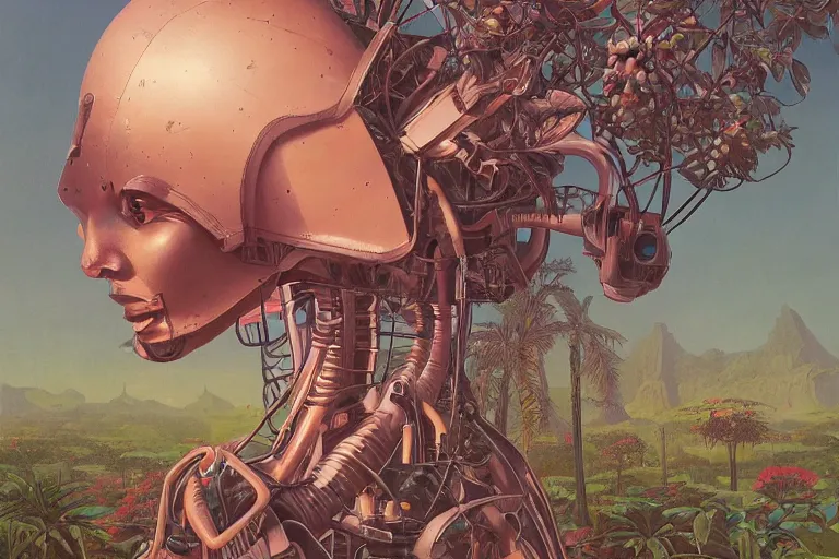 Image similar to evangelionic illustration, gigantic girl head, a lot of exotic vegetation, trees, tremendous pleasure robot, flowers, oldschool vintage sci - fi flat surreal design, super - detailed, oil painting by moebius, hd, 4 k, high quality