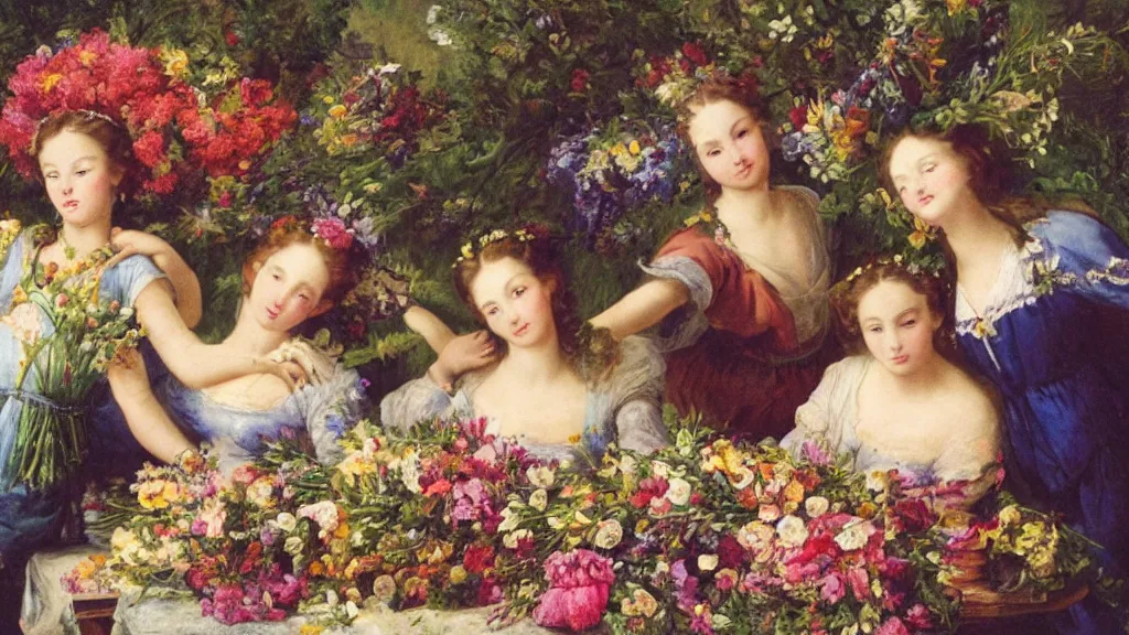 Image similar to A young guy's head is lying in a beautiful bouquet of flowers on a table, and his sisters are looking on, ancient fairy tale style