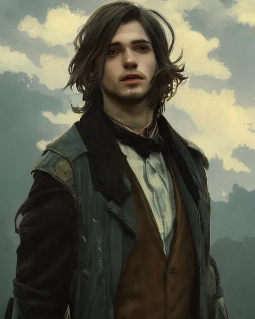 Image similar to portrait, cute young man, long hair, post - apocalyptic, waistcoat, black greatcoat, blue scarf, very detailed, dusk, character illustration, cloudy sky, soft lighting, octane render, greg rutkowski, alphonse mucha, sung choi, 8 k