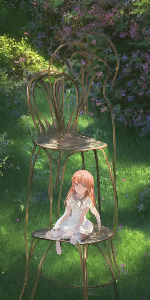 Image similar to a digital art of a loli with long hair in a dress sitting on a metal garden chair in the privet garden at afternoon, green and warm theme, back lighting, by akihito yoshida and greg rutkowski and makoto shinkai, extremely long shot, detailed eyes, 4 k resolution, trending on art station