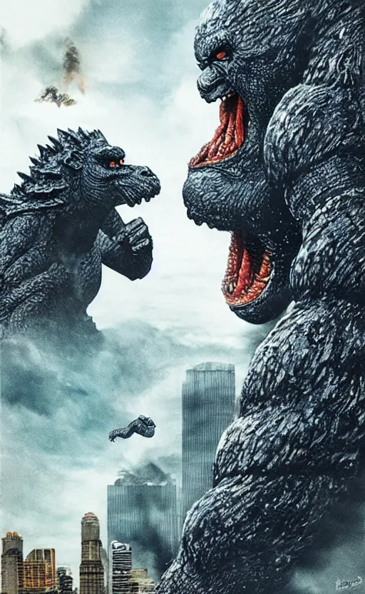 Image similar to godzilla vs kong poster in the style of john blanche