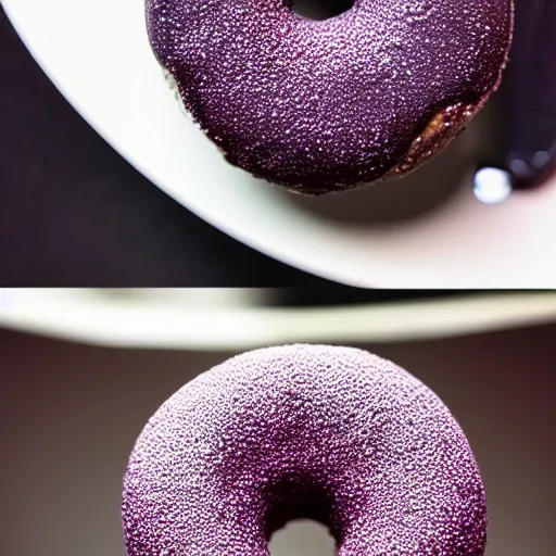 Image similar to Perfectly circular donut!!!!! in the style of an blackberry!!!!!!, trending on artstation, 4k, 8k, professional photography, overhead shot, 35mm lens