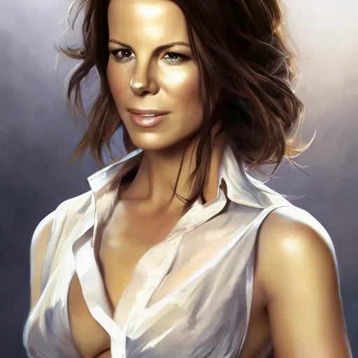 Prompt: closeup portrait of a kate beckinsale as a software engineer, seductive smile, soldier, army chiaroscuro, computer geek, golden hour, dramatic lighting, complementary contrast, high detail, painted by greg rutkowski, painted by igor kieryluk, trending on artstation