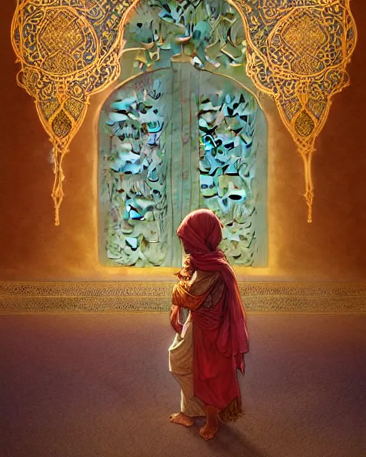 Image similar to a faceless bedouin child infront of a big open quran highly detailed, gold filigree, romantic storybook fantasy, soft cinematic lighting, award, disney concept art watercolor illustration by mandy jurgens and alphonse mucha and alena aenami, pastel color palette, featured on artstation