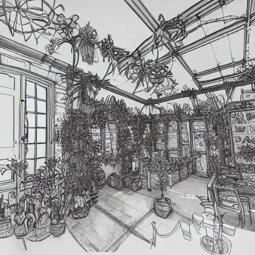 Image similar to annotated highly, detailed and intricate, sketch of a room full of plants, marker concept art style rendering, concept art, half blueprint, trending on artstation, intricate details, center frame, annotations