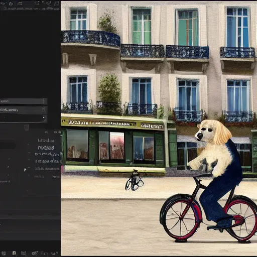 Image similar to artstation digital painting, a dog riding a bike in paris