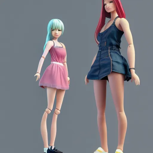 Prompt: female doll figurines, teenagers, full body, realistic portrait, anime style, disney, octane render 8 k, unreal engine, hd