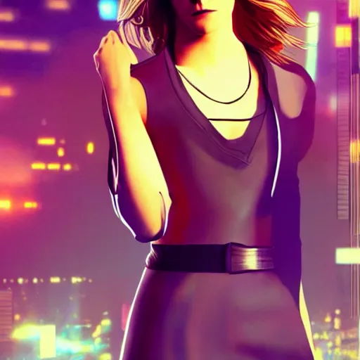 Image similar to Emma Watson full body shot, the background is a huge futuristic city, cyberpunk style futuristic neon lights, artstation cgsociety masterpiece highly-detailed