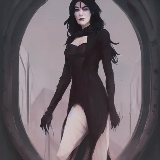 Image similar to female human vampire witch in the style of greg rutkowski, makoto shinkai, trending on artstation, character design, concept art, pretty face, highly detailed, long black hair, portrait, digital art